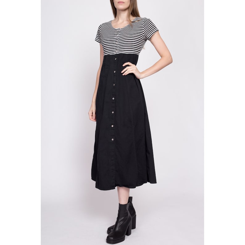 Small 90s Grunge Two Tone Striped Midi Dress Vintage Button Front A Line Black & White Pocket Dress image 4