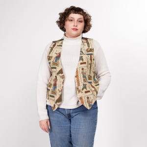 Large 80s Egyptian Hieroglyphic Novelty Print Tapestry Vest | Vintage Tan Button Up V Neck Sleeveless Top