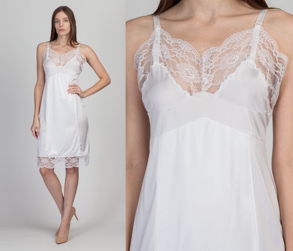 70s White Lace Trim Slip Medium Vintage Lingerie Sheer Mini Dress -   Canada