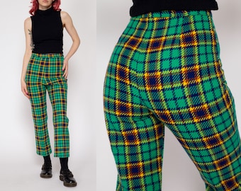 Petite XS 60s Green Plaid Side Zip Cigarette Pants 24.5" | Retro Vintage High Waisted Tapered Leg Trousers