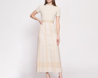 XS 70s Carlye Boho Woven Maxi Dress | Vintage A-Line Beaded Twine Trim Hippie Dress