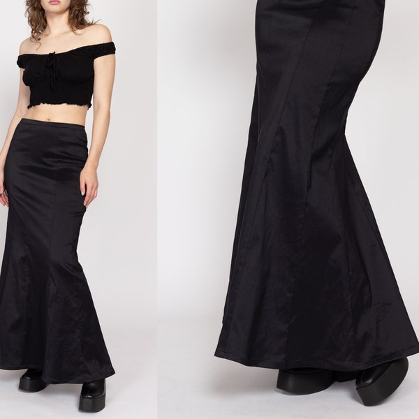 Small 90s Tadashi Shoji Black Trumpet Maxi Skirt | Vintage Formal High Waisted Taffeta Bodycon Mermaid Skirt