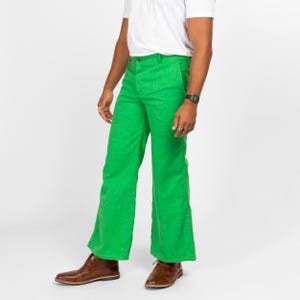 34x30 70s Bright Green Flared Trousers Medium Short | Retro Vintage Bell Bottom Hippie Pants