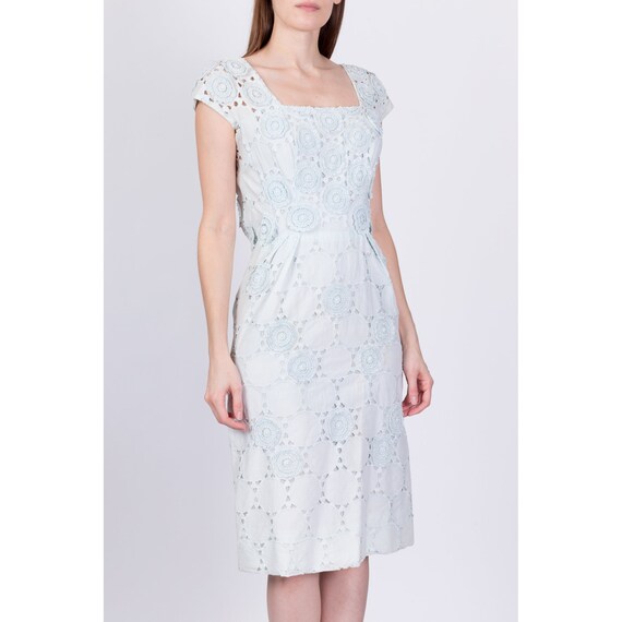 1950s Baby Blue Eyelet Sheath Midi Dress, As Is E… - image 3