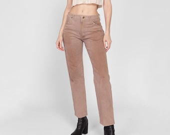 70s Wrangler Faded Cocoa Brown Unisex Jeans - Small | Vintage Distressed Chambray Denim Straight Leg Mid Rise Jeans