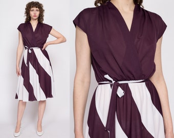 Medium 70s 80s Plum Purple & White Striped Midi Dress | Vintage V Neck Cap Sleeve Fit Flare Dress