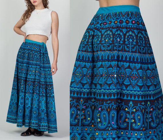 Vintage 70s Blue Indian Block Print Skirt Small t… - image 1