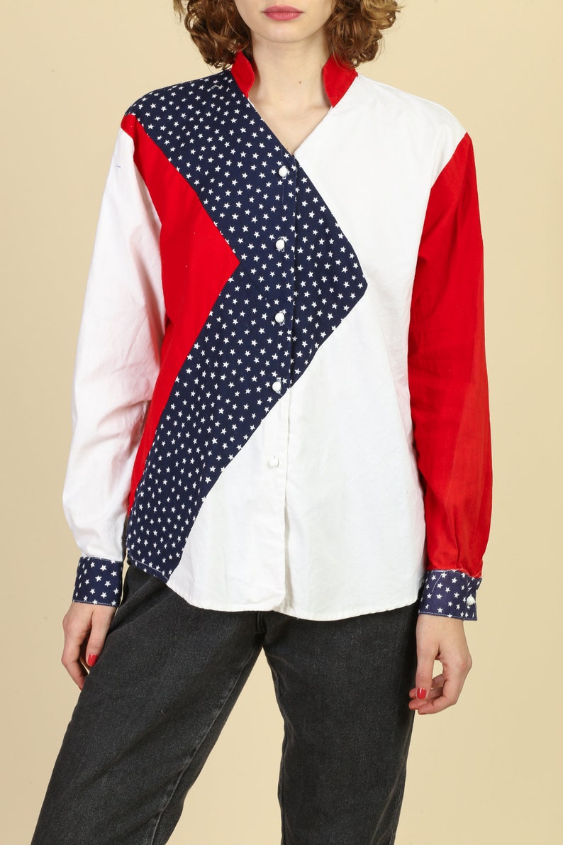 Large Vintage Red White /& Blue Button Up Flag Shirt 80s Americana Western Shirt