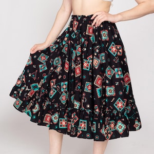 Sm-Med 90s Southwestern Square Dance Skirt | Vintage Rockabilly Western Black Ruffle Circle Skirt
