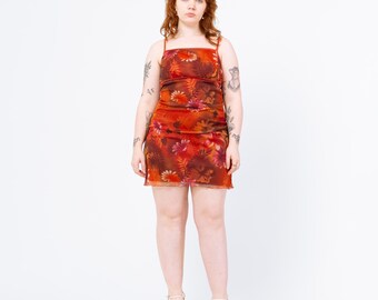 Large 90s Orange Floral Popcorn Bodice Mini Dress | Vintage A Line Boho  Tank Sundress - Etsy