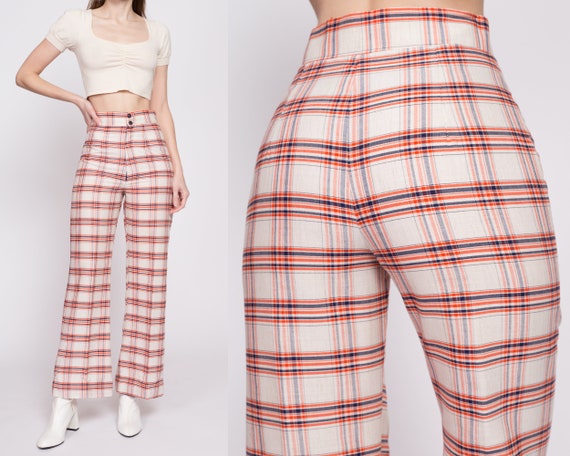 Small 70s Orange & White Plaid High Waisted Pants… - image 1