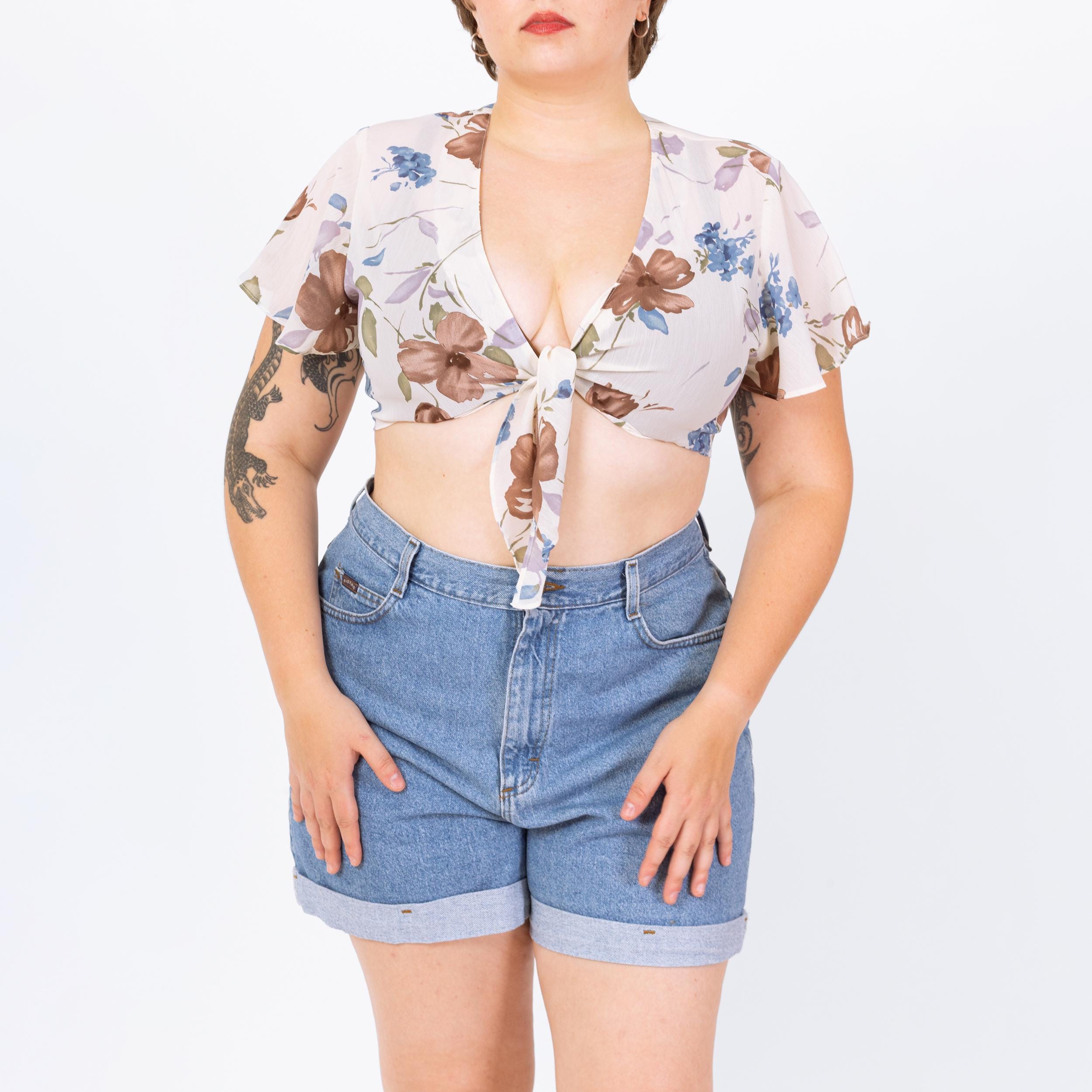 Vintage 90s Sheer White Floral Tie Front Crop Top - Large 
