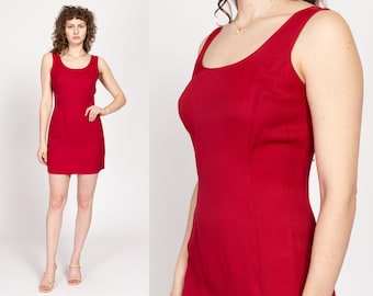 Mini-robe fourreau rouge des années 90 moyenne | Robe de cocktail minimaliste ajustée sans manches à encolure dégagée