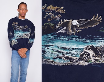Large 90s Bald Eagle Sweatshirt | Vintage Navy Blue Wraparound Graphic Nature Print Pocket Pullover