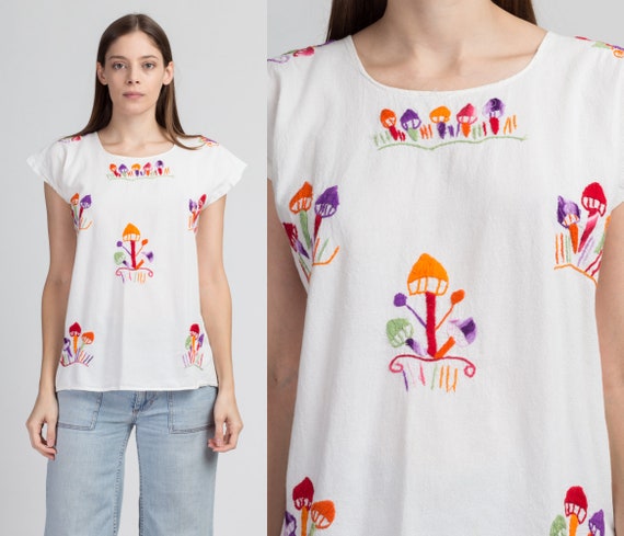 70s Embroidered Mushroom Peasant Blouse - Large |