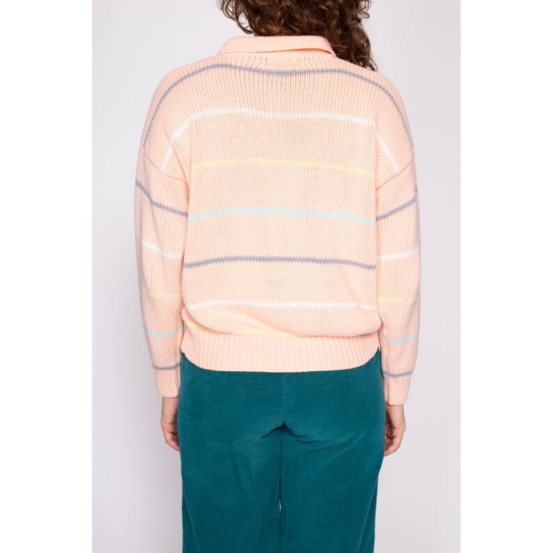 80s Striped Pastel Orange Henley Sweater Medium Vintage Collared Knit Pullover Jumper image 5