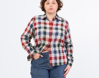 Vintage 90s Plaid Floral Embroidered Button Up Shirt - Large | Boho Cottagecore Collared Top, Long Sleeve Gingham Checkered Shirt