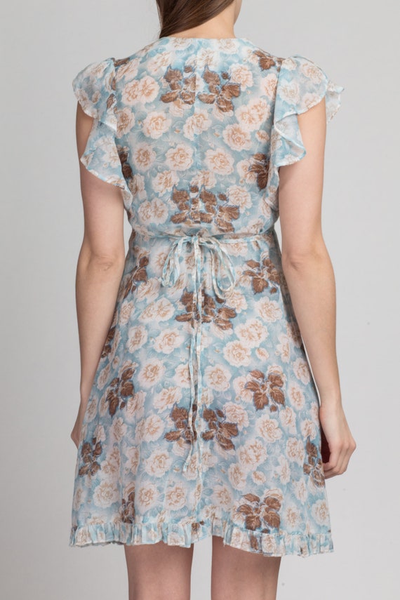 70s Sheer Blue Floral Flutter Sleeve Mini Dress X… - image 5