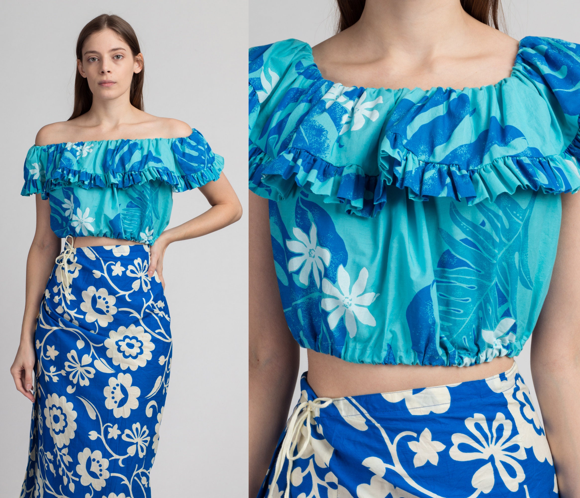 70s Hawaiian Blue Floral Ruffle Crop Top One Size Vintage 