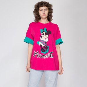 XL jaren 90 felroze Minnie Mouse-T-shirt | Vintage Disney Cartoon oversized T-shirt met manchetten