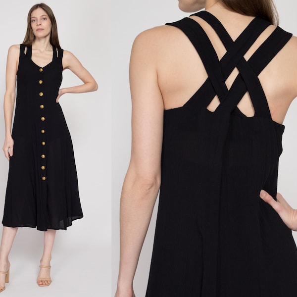 Medium 90s Black Strappy Back Gauzy Midi Sundress | Vintage Button Front Boho Rayon Grunge Dress