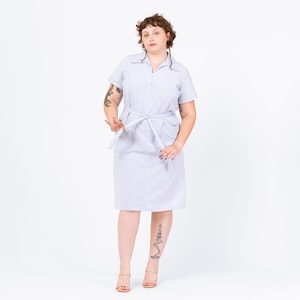 Vintage 60s Blue & White Pinstripe Waitress Dress - Extra Large | Retro Collared Short Sleeve Belted Midi Dress, Plus Size Uniform Dress