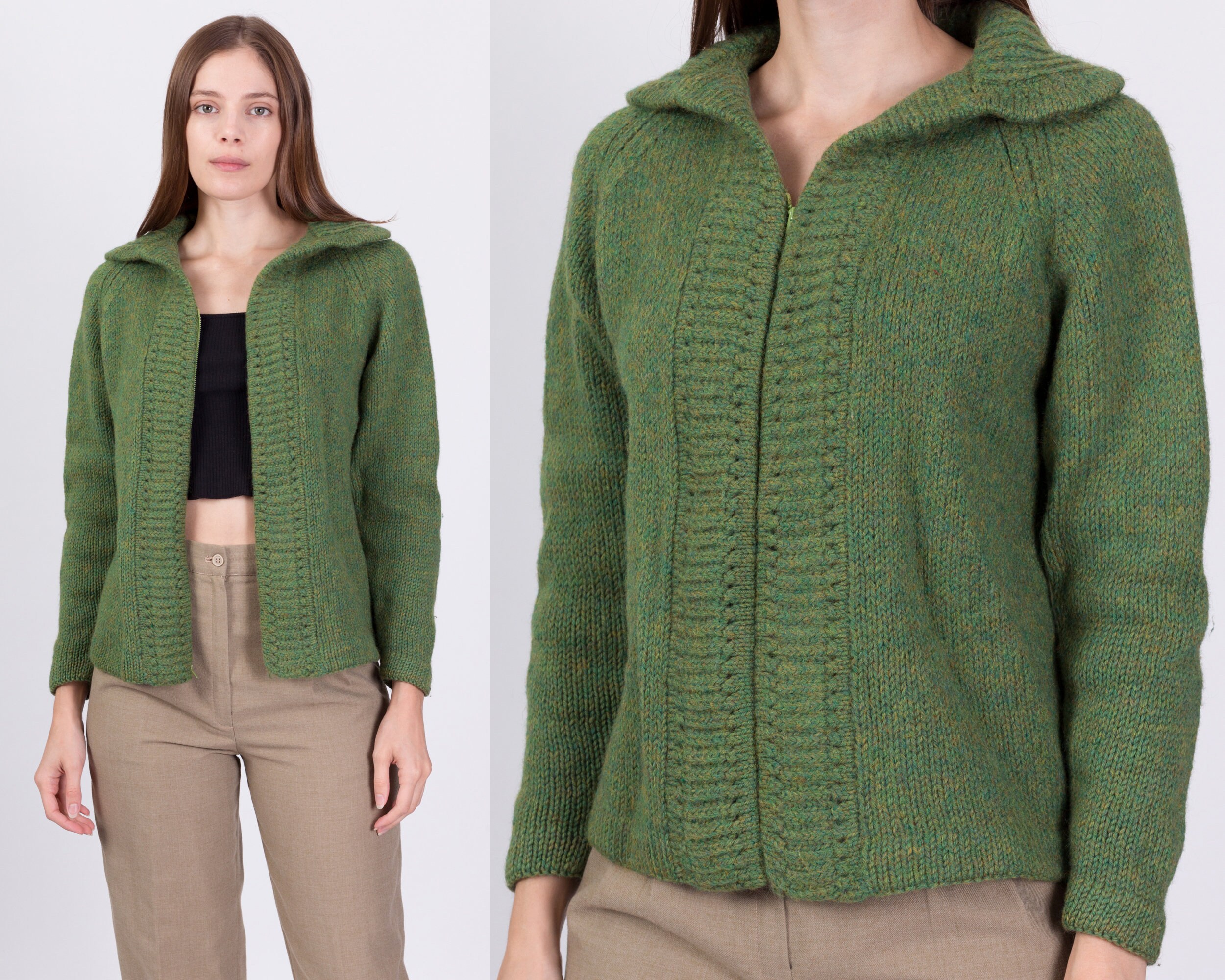 60s Green Wool Zip up Cardigan Small 