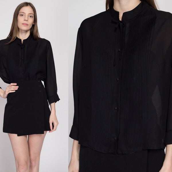 XL 70s Sheer Black Knife Pleat Blouse | Vintage Gothic 3/4 Sleeve Button Up Nehru Collar Top