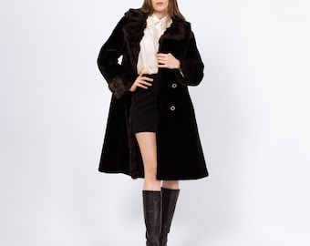 Vintage 70s Faux Fur Princess Coat - Small to Medium | Two Tone Black & Brown Glam Plush Winter Teddy Jacket