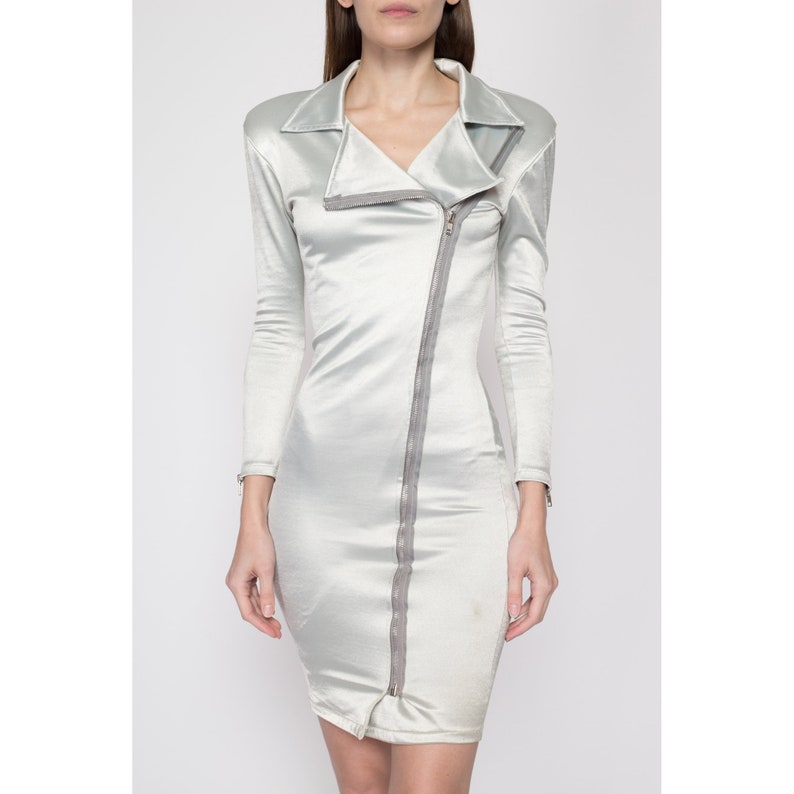 XS-Sm 80s Futuristic Silver Bodycon Dress Vintage Shiny Long Sleeve Zip Up Collared Mini Dress image 2