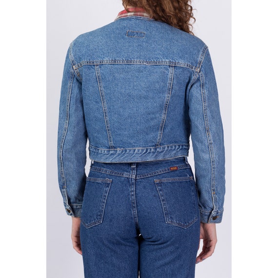 Small 90s Flannel Trim Cropped Denim Jacket | Vin… - image 5