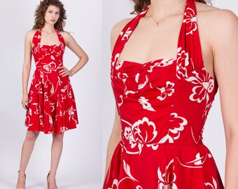 XS-Sm Vintage 40s 50s Red Tropical Floral Halter Day Dress | Paradise Hawaii Boho Fit & Flare Ruched Summer Midi Sundress