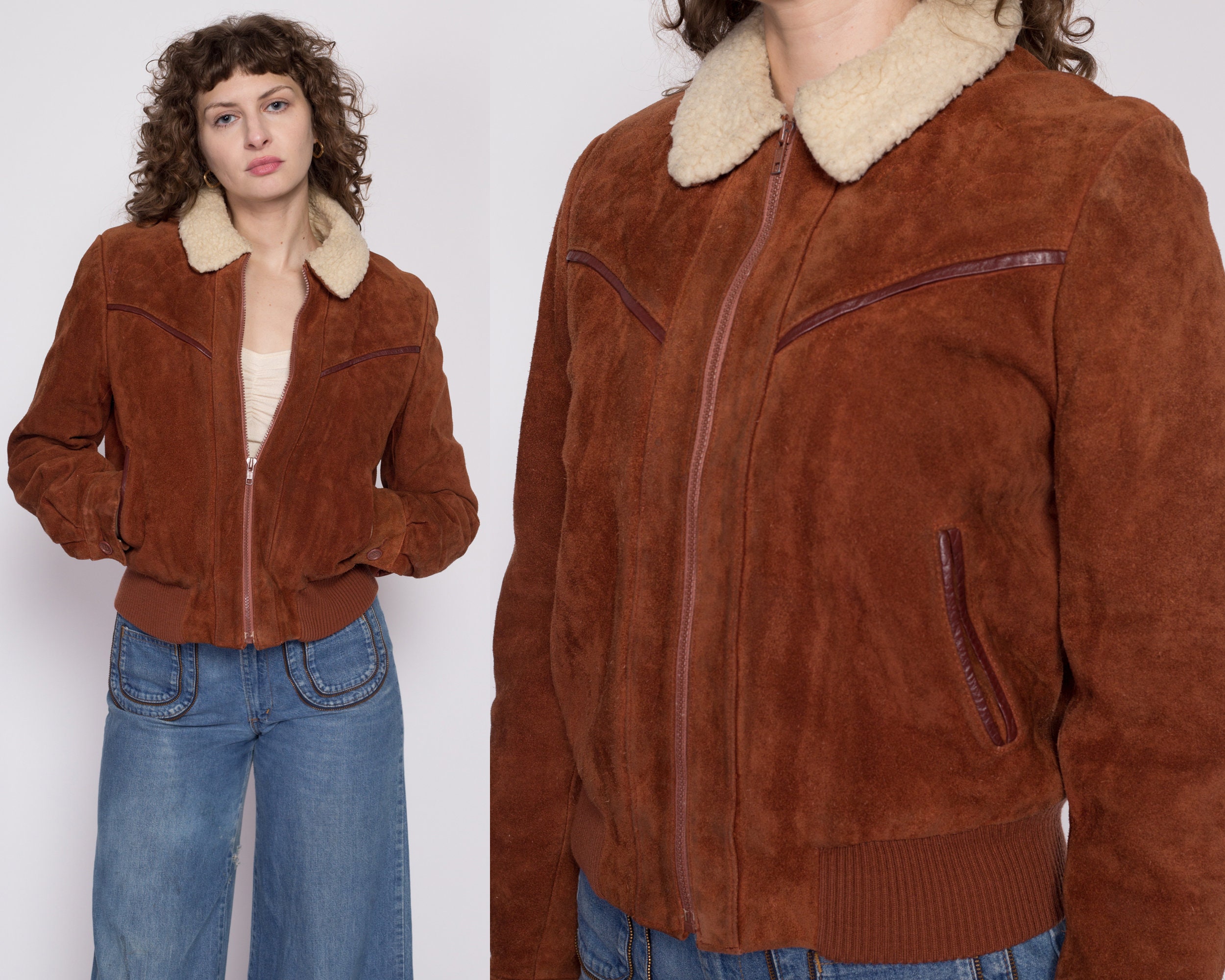 Jacket, Suede Jean Jacket Style with Faux Shearling Large / Old Rust