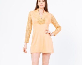 Vintage 70s Peach Space Age Mini Dress - Petite Small | Retro A Line Long Cut Out Sleeve Mod Disco Dress