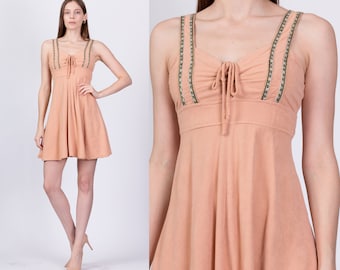 XS 70s Peach Floral Trim Mini Sundress | Vintage Boho A Line Velour Tank Dress