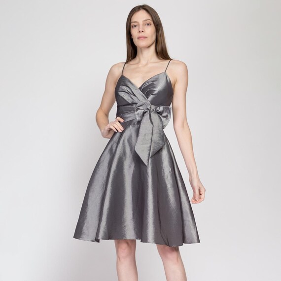 90s Y2K Silver Taffeta Fit & Flare Party Dress - XS to Small | Vintage Shiny Bow Tie Spaghetti Strap Mini Prom Dress 90s Y2K Silver Taffeta Fit & Flare Party Dress - XS to Small | Vintage Shiny Bow Tie Spaghetti Strap Mini Prom Dress