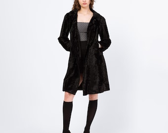 Vintage 60s Mod Black Crushed Velvet Swing Coat - Medium | Retro