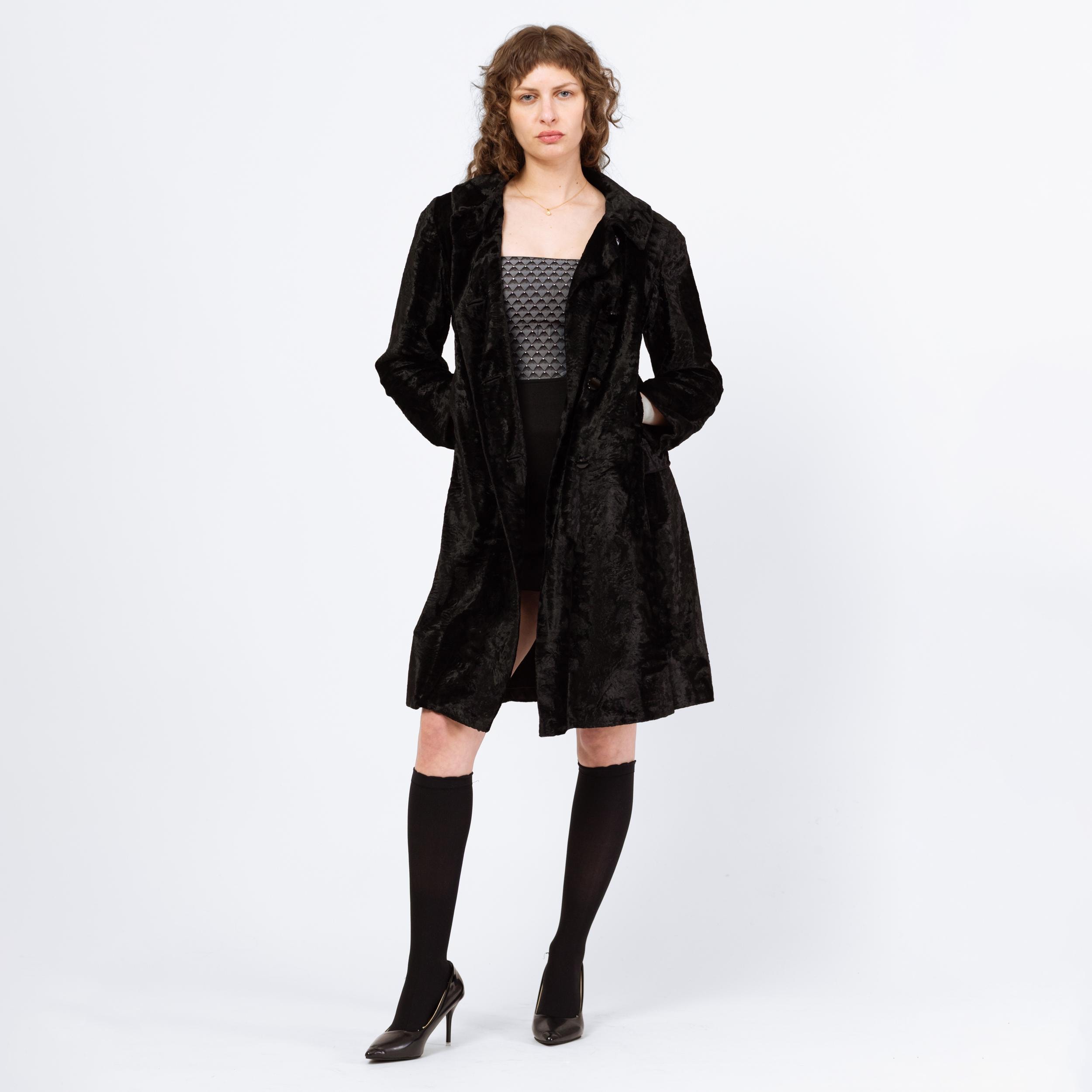 Vintage 60s Mod Black Crushed Velvet Swing Coat - Medium | Retro