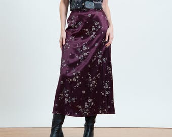 Vintage 90s Plum Purple Satin Floral Maxi Skirt - Small, 26” Waist | Boho High Waisted Long Skirt