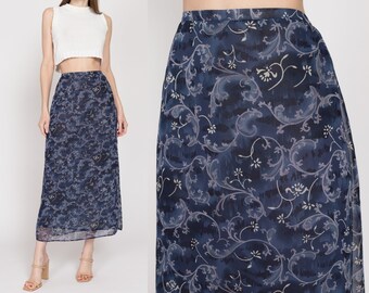 Small 90s Blue Floral Maxi Skirt | Vintage Grunge High Waisted Ankle Length Skirt