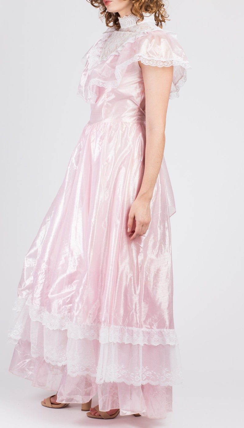 70s Precious Moments Pink Lace Princess Gown Medium Vintage Tiered Ruffle Formal Victorian Maxi Floor Length Dress