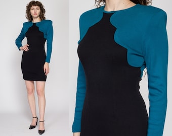 Medium 80s Black & Blue Color Block Bodycon Sweater Dress | Retro Vintage Long Sleeve Fitted New Wave Mini Dress