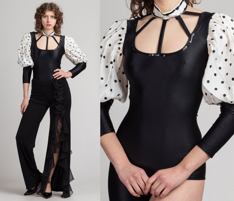 Vintage Gilda Marx Black /& White Polka Dot Puff Sleeve Jumpsuit 80s Puff Sleeve Asymmetrical One Leg Catsuit Small to Medium
