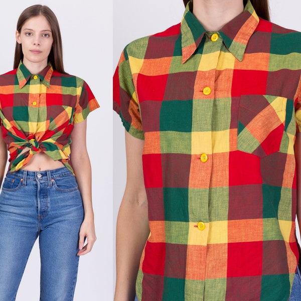 Chemise à col à carreaux rouge vert jaune jaune des années 70 - Petit short pour hommes, Moyen | pour femmes vintage Unisexe Manches Courtes Western Button Up Top