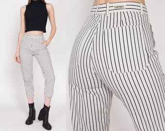 XS 80s Esprit Sport Black & White Striped Ankle Pants 25" | Vintage High Waisted Tapered Leg Cotton Trousers