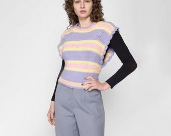 70s Purple Striped Cap Sleeve Knit Top - Medium | Vintage Boho Cropped Sweater Shirt