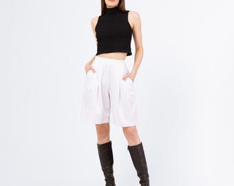 Vintage 90s White High Waisted Wrap Front Shorts - Small, 26" Waist | Preppy Long Pleated Minimalist Bermuda Shorts
