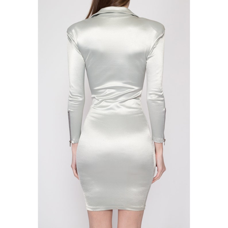 XS-Sm 80s Futuristic Silver Bodycon Dress Vintage Shiny Long Sleeve Zip Up Collared Mini Dress image 5