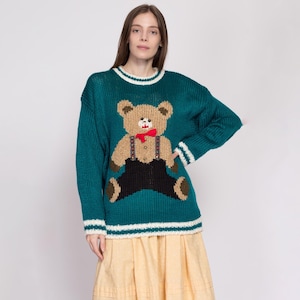 80s Teddy Bear Novelty Sweater, Deadstock - 2X | Vintage Green Knit Cute Animal Pullover Jumper