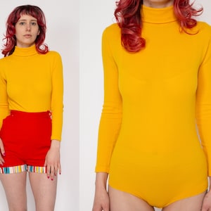 Petite XS 70s Yellow Turtleneck Bodysuit Top | Vintage Ribbed Long Sleeve Fitted Shirt